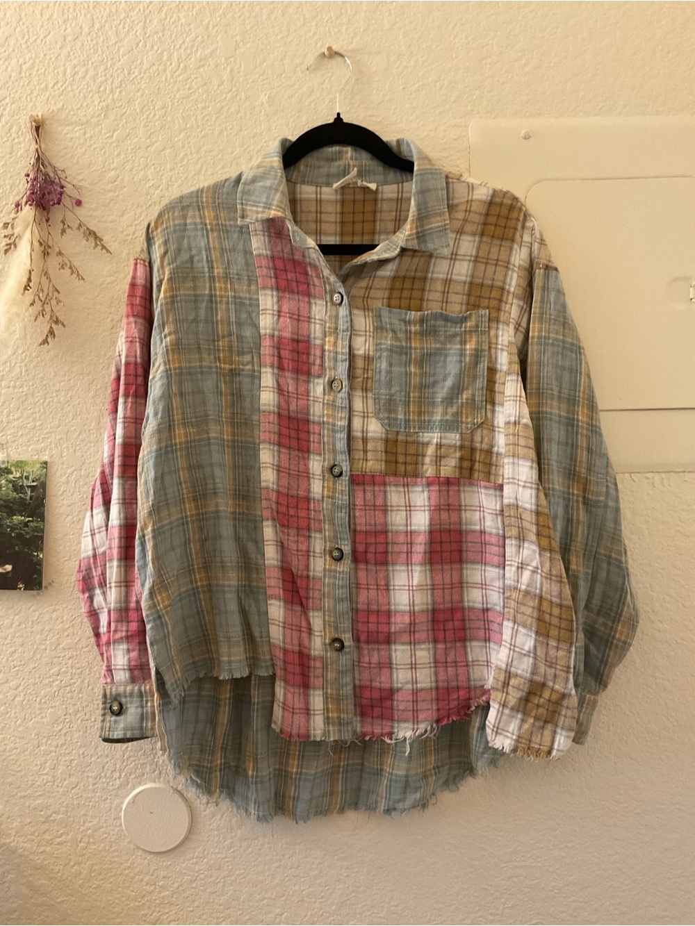 Dance & Marvel Y2K Style Plaid Patchwork Button-Down Distressed Shirt